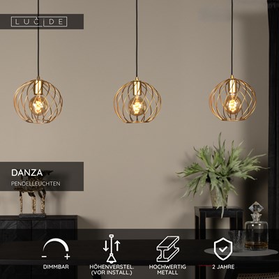 Lucide DANZA - Pendelleuchten - 3xE27 - Mattes Gold / Messing